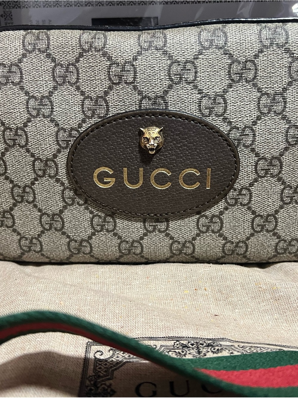 Gucci Neo GG Supreme Canvas Camera Bag with Brown Leather Trim